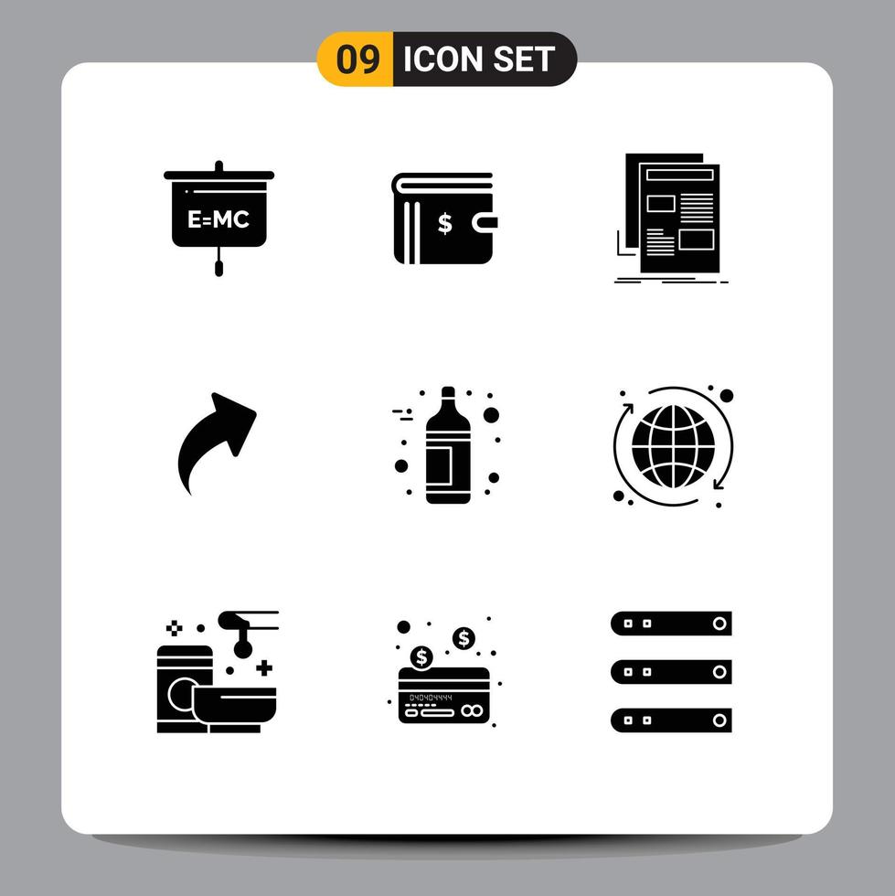 Pack of 9 Modern Solid Glyphs Signs and Symbols for Web Print Media such as right up payment arrow media Editable Vector Design Elements
