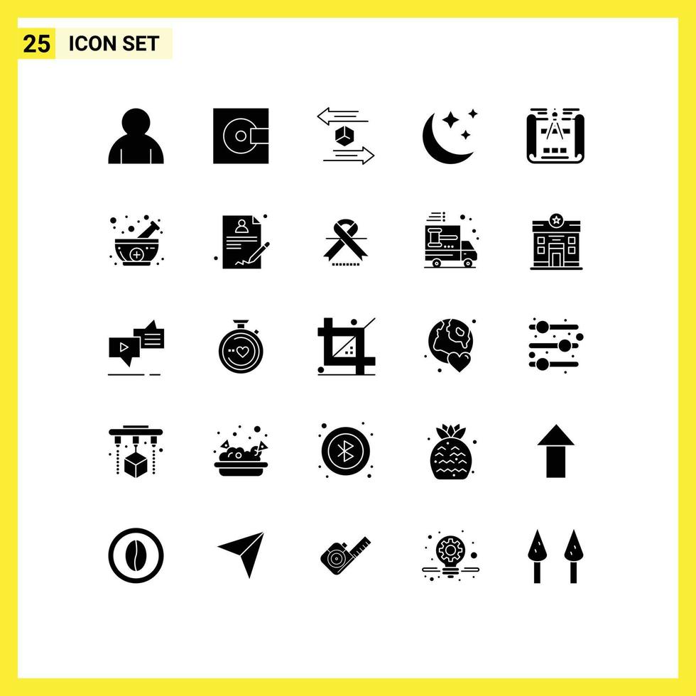 User Interface Pack of 25 Basic Solid Glyphs of engineering design night box moon shipping Editable Vector Design Elements