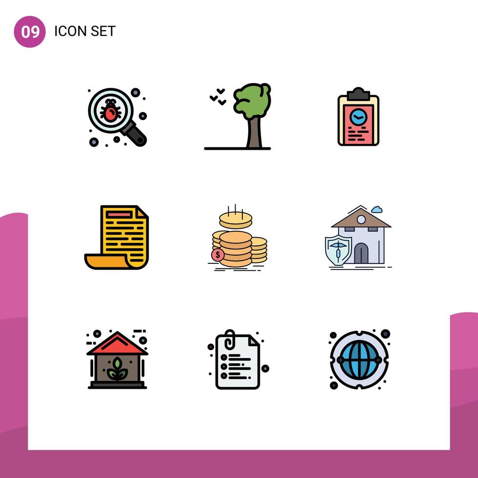 Group of 9 Modern Filledline Flat Colors Set for gold coins coach document file Editable Vector Design Elements