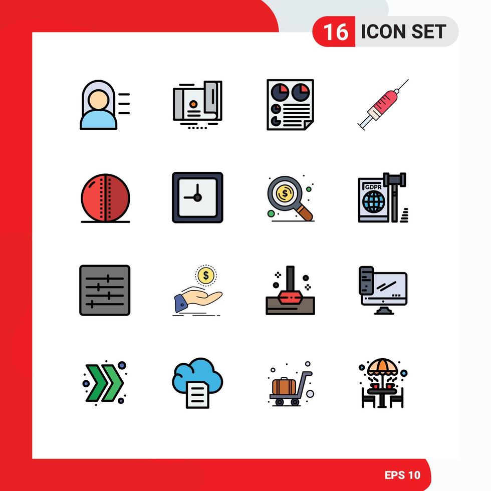Group of 16 Flat Color Filled Lines Signs and Symbols for cricket ball needle document vaccine syringe Editable Creative Vector Design Elements