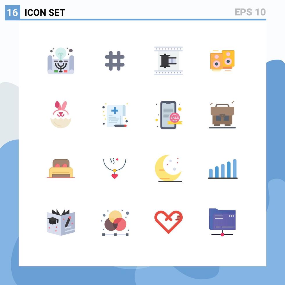 User Interface Pack of 16 Basic Flat Colors of egg wedding cinema love song movie strip Editable Pack of Creative Vector Design Elements