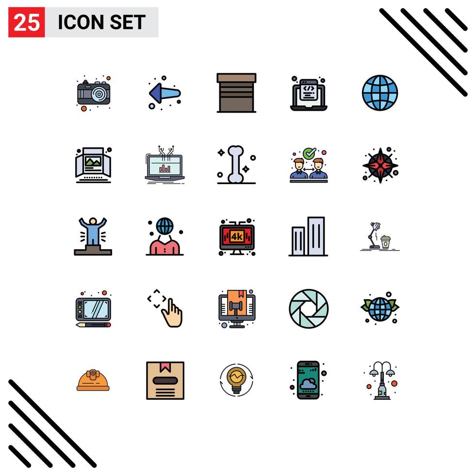 25 Universal Filled line Flat Colors Set for Web and Mobile Applications globe programming building html coding coding Editable Vector Design Elements