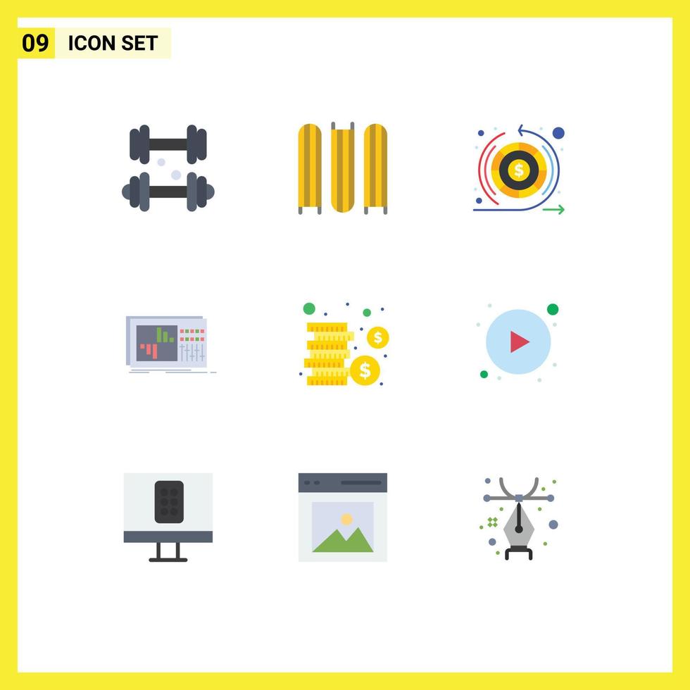 Pictogram Set of 9 Simple Flat Colors of coins studio money sound equalizer Editable Vector Design Elements