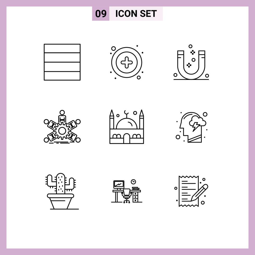 Group of 9 Modern Outlines Set for muslim islam magnetic teamwork leadership Editable Vector Design Elements