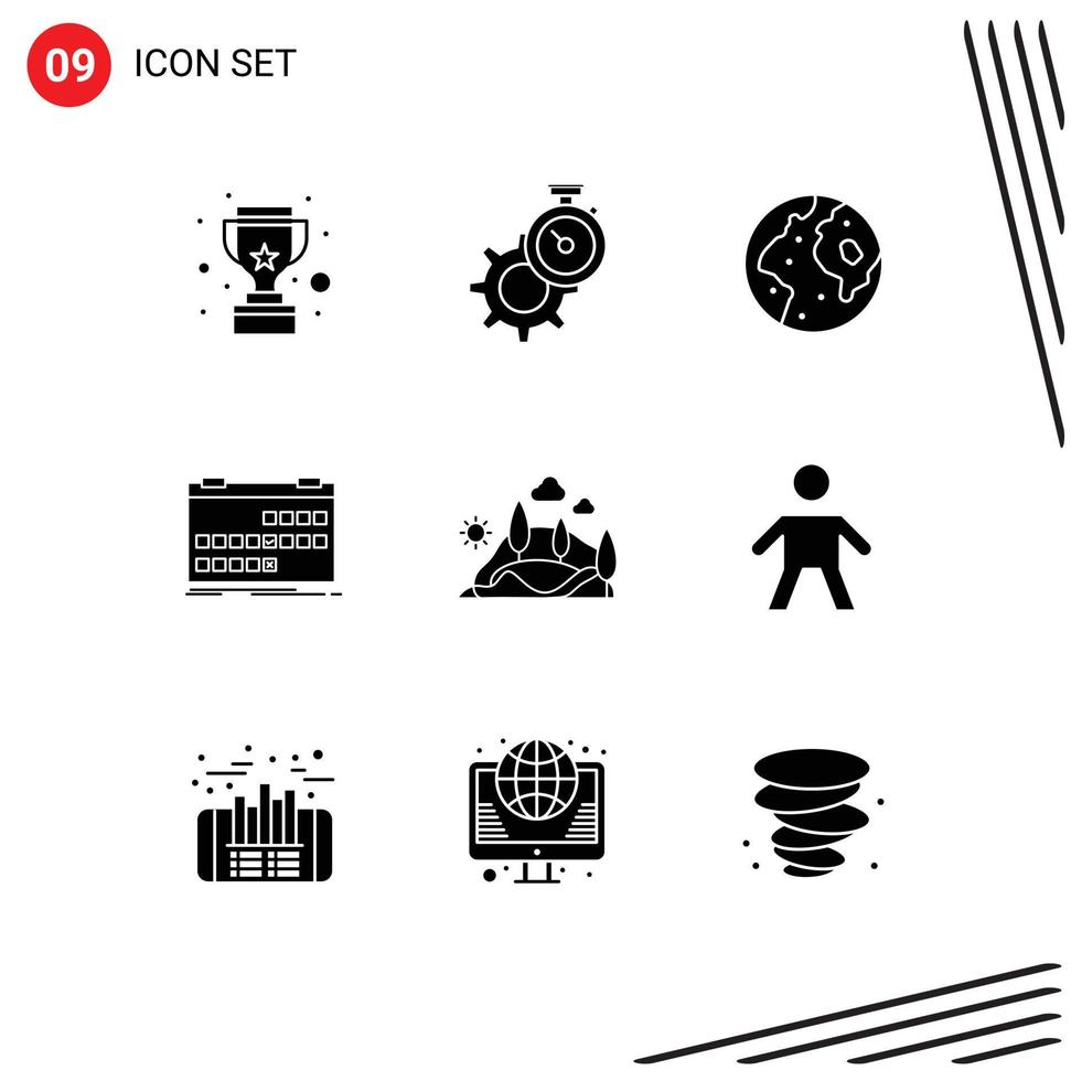 Solid Glyph Pack of 9 Universal Symbols of release date watch calendar planet Editable Vector Design Elements