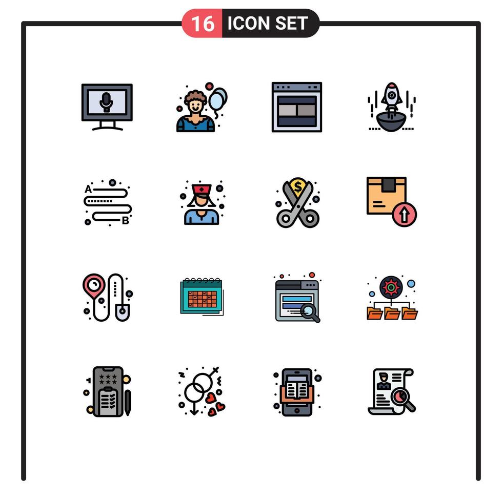 16 Thematic Vector Flat Color Filled Lines and Editable Symbols of distance entrepreneur site startup rocket Editable Creative Vector Design Elements