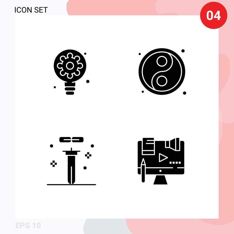 Group of 4 Modern Solid Glyphs Set for creative flasks gear yin science Editable Vector Design Elements