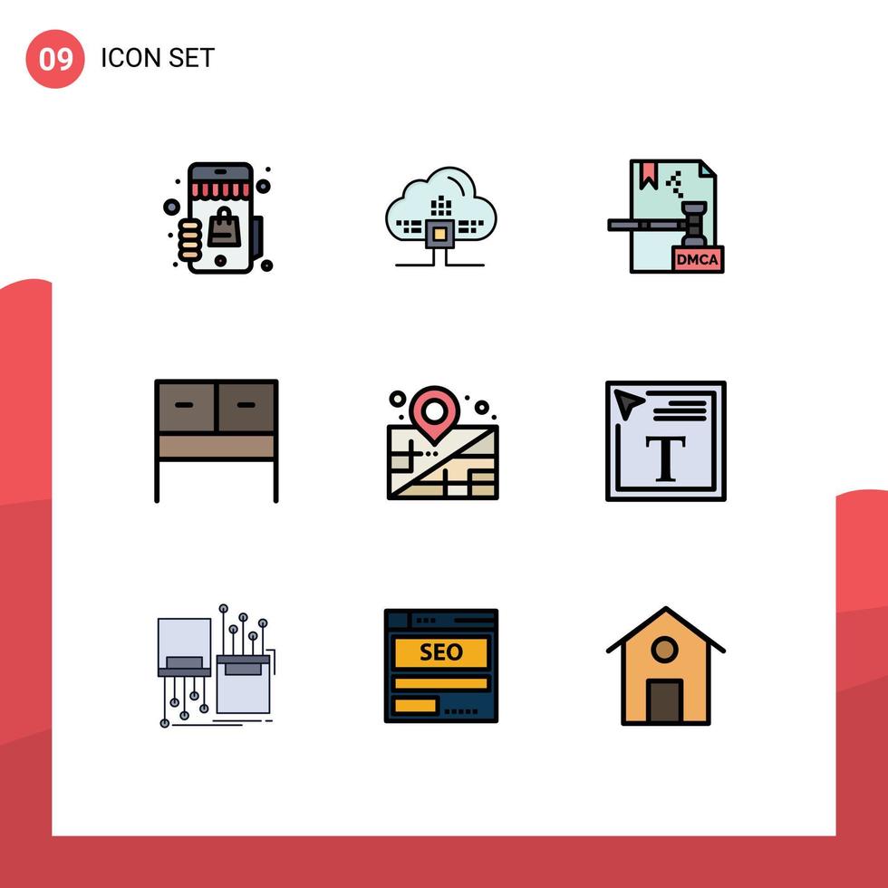 Group of 9 Modern Filledline Flat Colors Set for business table business interior file Editable Vector Design Elements