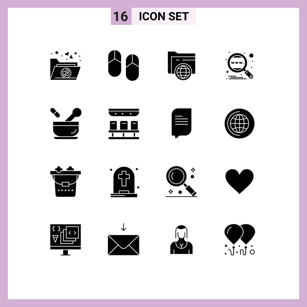 Pack of 16 creative Solid Glyphs of medical worldwide storage search engine Editable Vector Design Elements