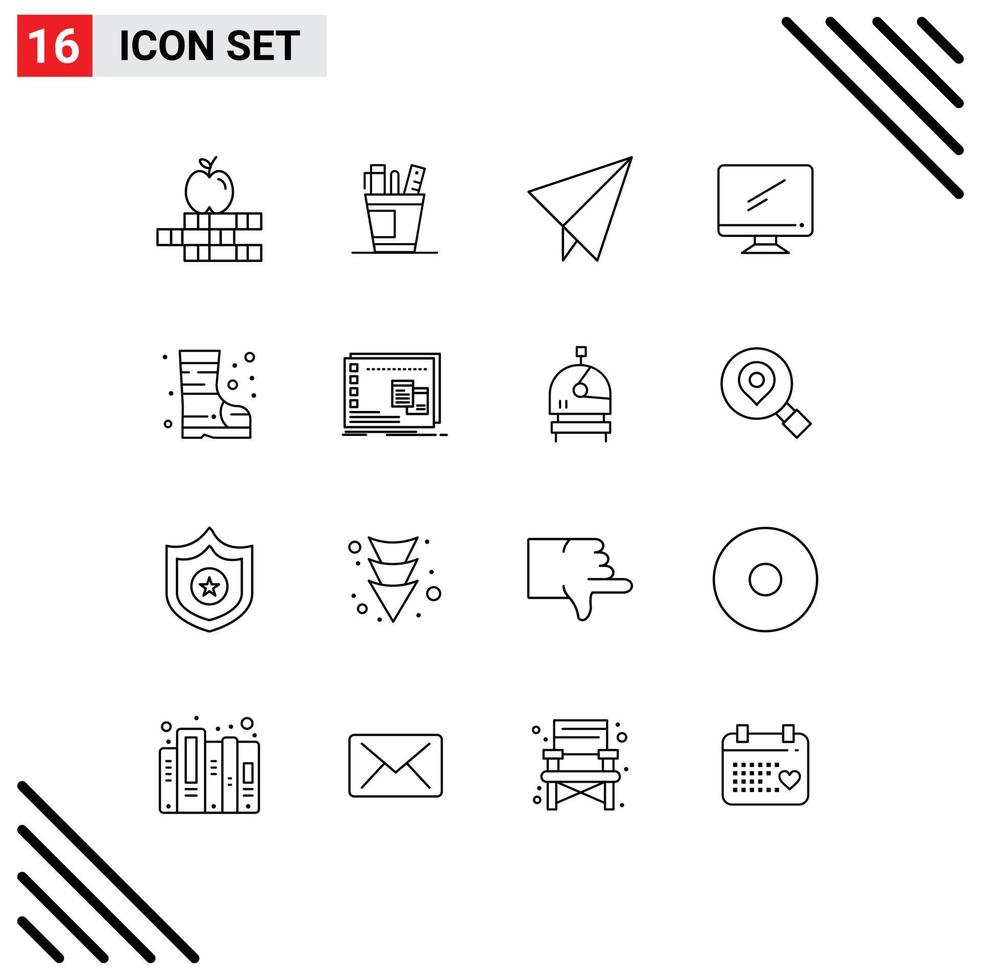 User Interface Pack of 16 Basic Outlines of boots imac supply device computer Editable Vector Design Elements