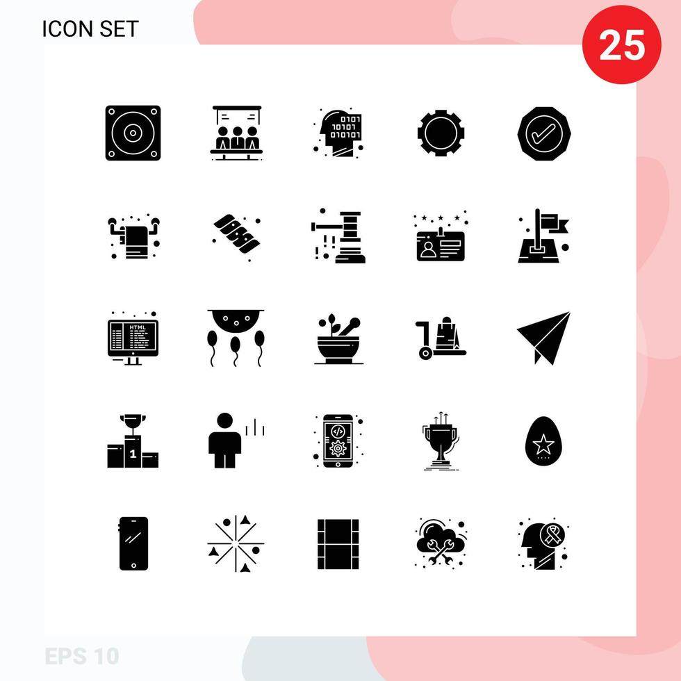 25 User Interface Solid Glyph Pack of modern Signs and Symbols of tick ok code logistic setting Editable Vector Design Elements