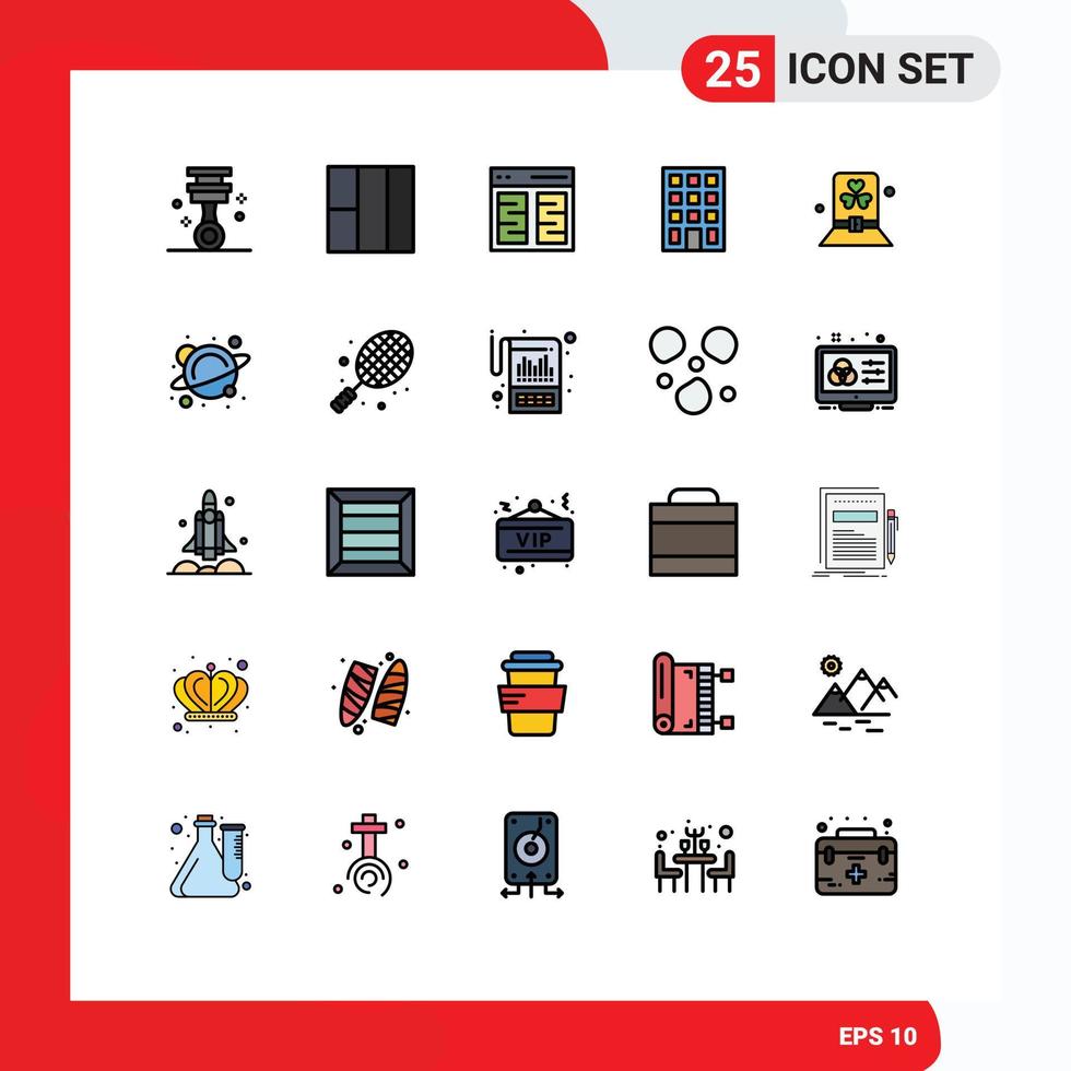 Pack of 25 Modern Filled line Flat Colors Signs and Symbols for Web Print Media such as hat day content costume buildings Editable Vector Design Elements