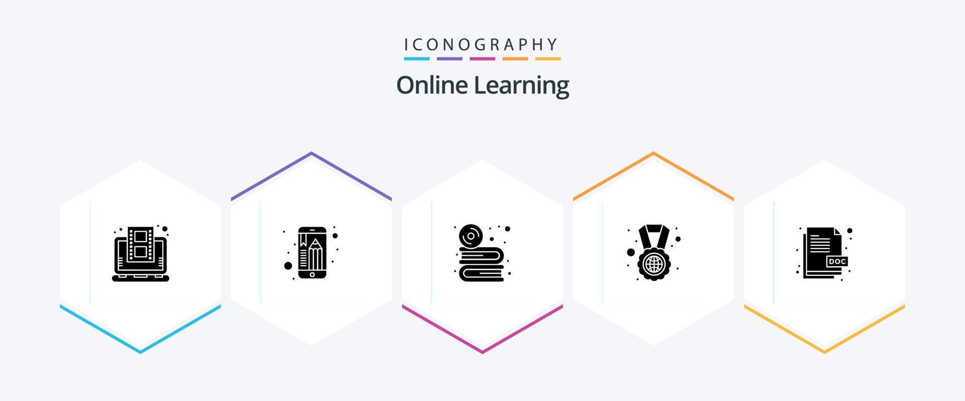 Online Learning 25 Glyph icon pack including doc. world. cd. study abroad. software vector