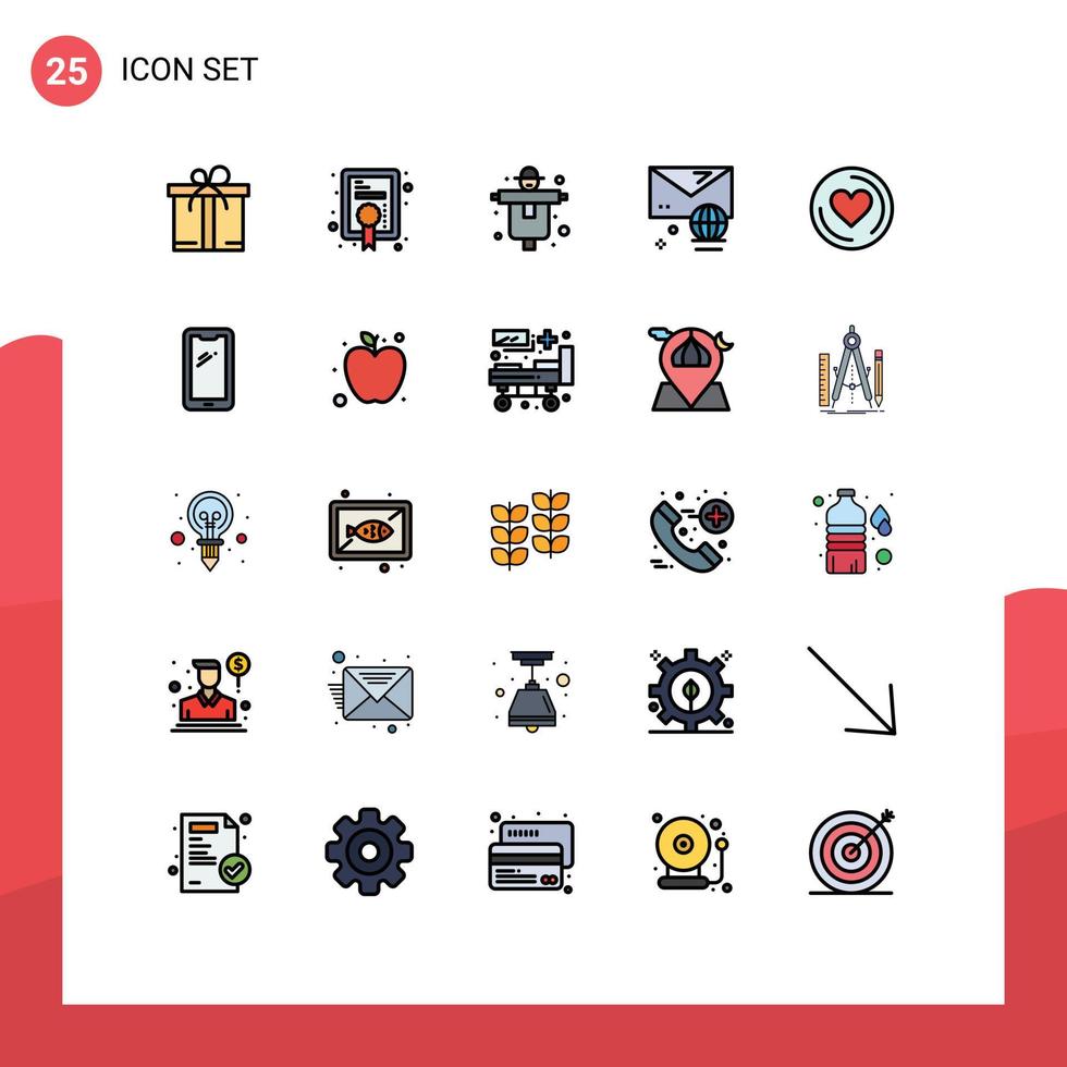 paquete de 25 colores planos creativos de línea llena de elementos de diseño de vector editables de correo electrónico de mensaje de granja de corazón de amor