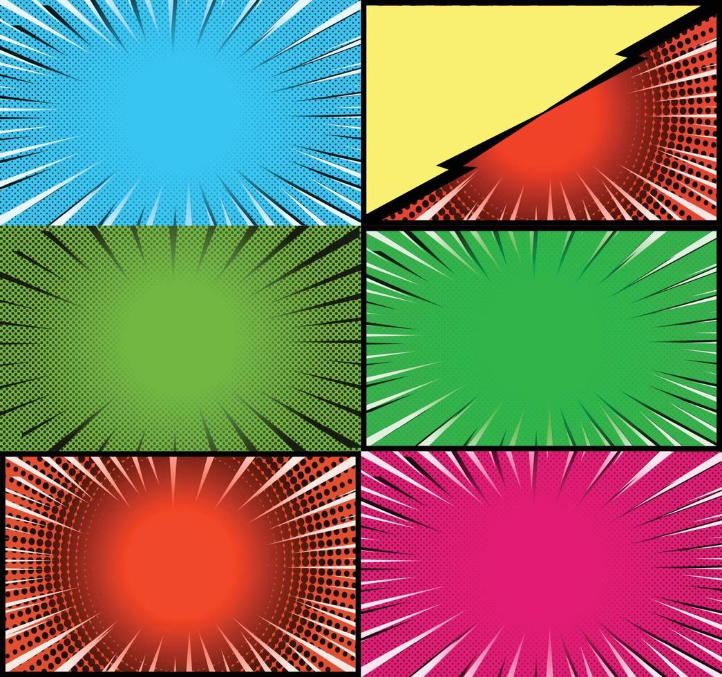 Comic book colorful frames background with halftone rays radial and dotted effects pop art style vector