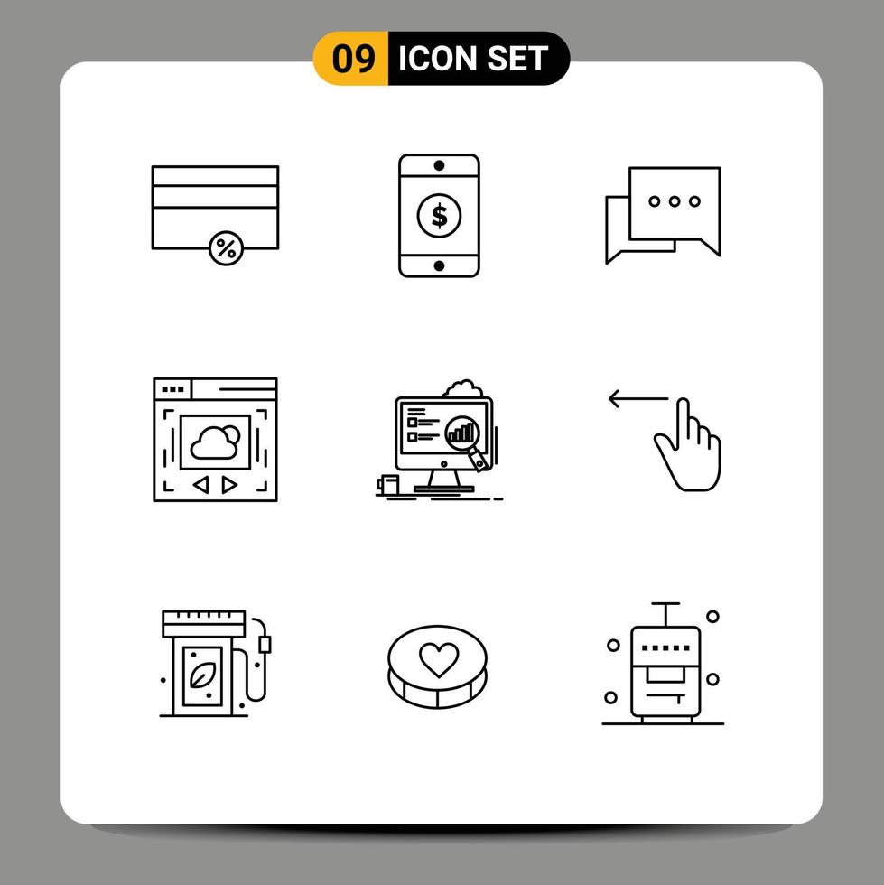 Pack of 9 creative Outlines of statistics presentation chat board cloud sharing Editable Vector Design Elements