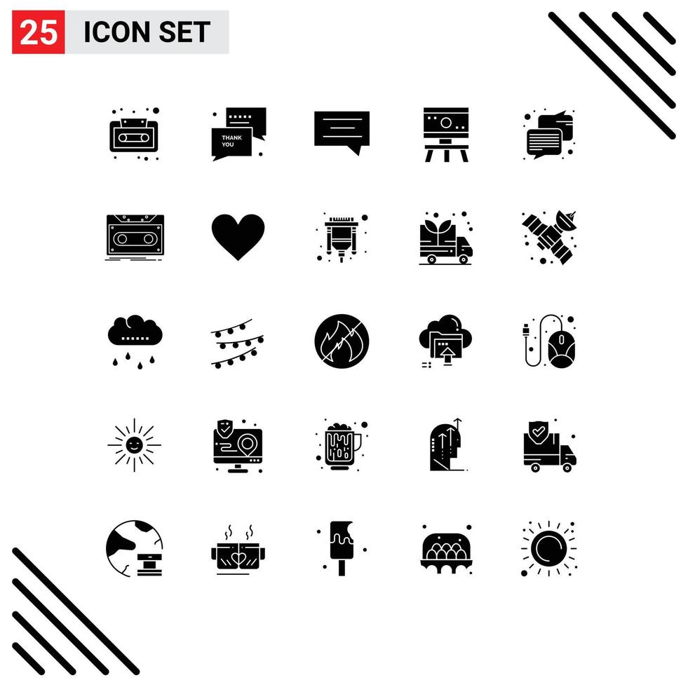 Set of 25 Commercial Solid Glyphs pack for message chat bubble space board Editable Vector Design Elements