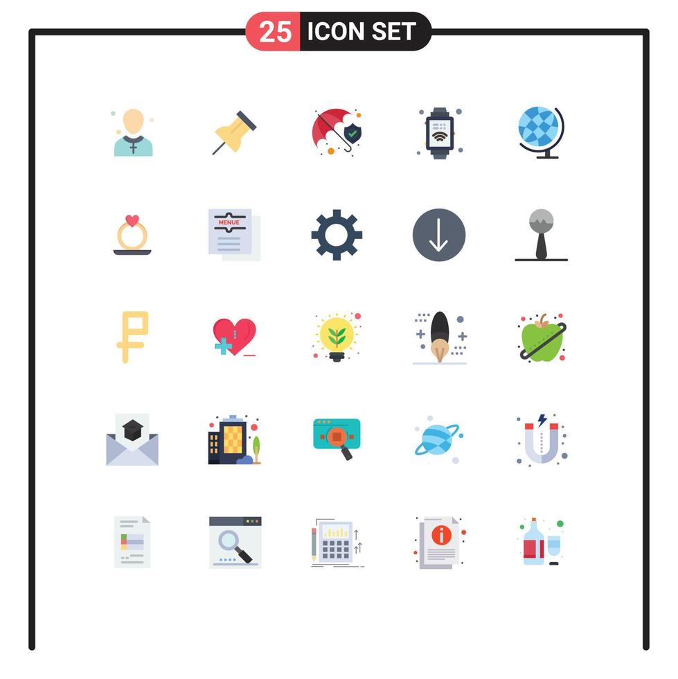 Modern Set of 25 Flat Colors and symbols such as globe earth insurance internet of things hand watch Editable Vector Design Elements