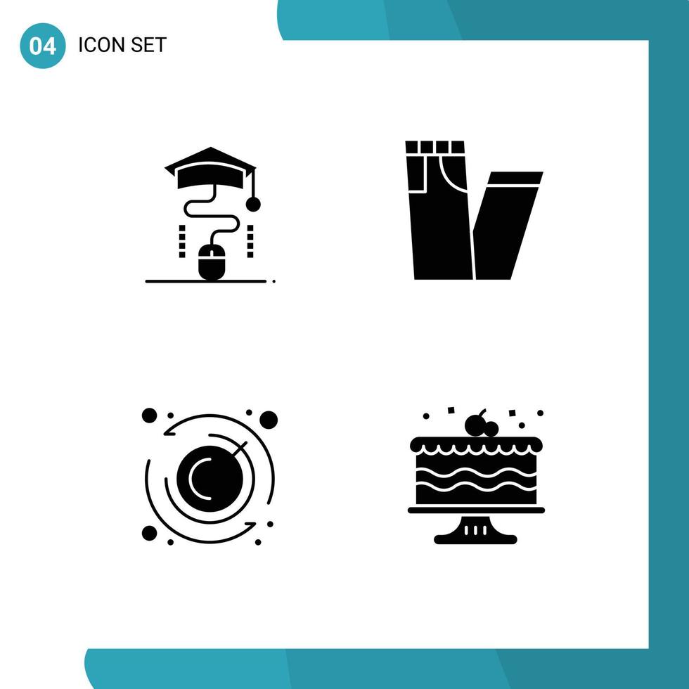 Mobile Interface Solid Glyph Set of 4 Pictograms of mouse timer education pants cake Editable Vector Design Elements