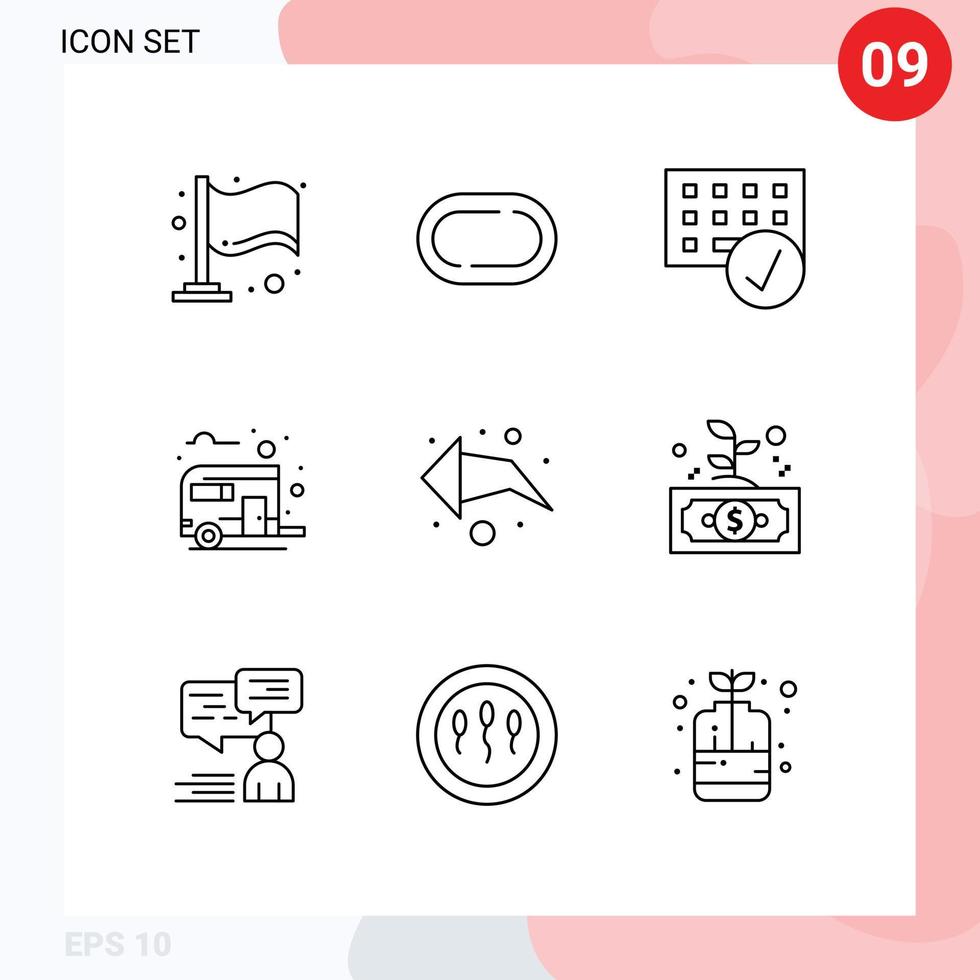Pack of 9 Modern Outlines Signs and Symbols for Web Print Media such as left summer devices camping bus way Editable Vector Design Elements