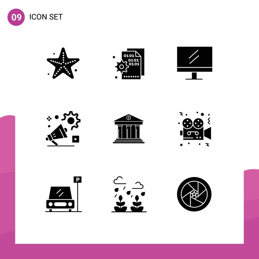 Modern Set of 9 Solid Glyphs Pictograph of bank video setting announcement campaign Editable Vector Design Elements