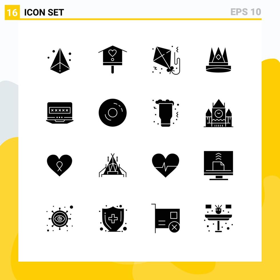 Mobile Interface Solid Glyph Set of 16 Pictograms of achievement first kite empire crown Editable Vector Design Elements