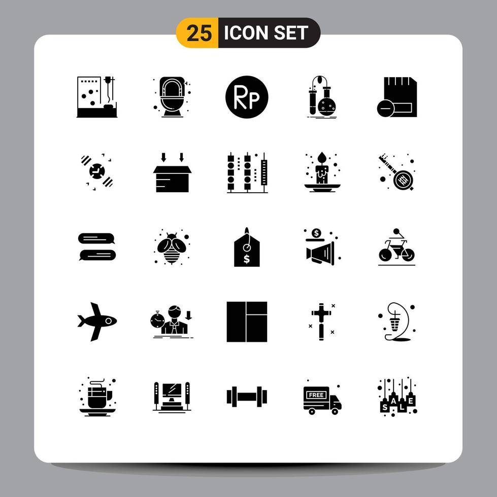 25 Universal Solid Glyph Signs Symbols of card lab toilet flask testing Editable Vector Design Elements