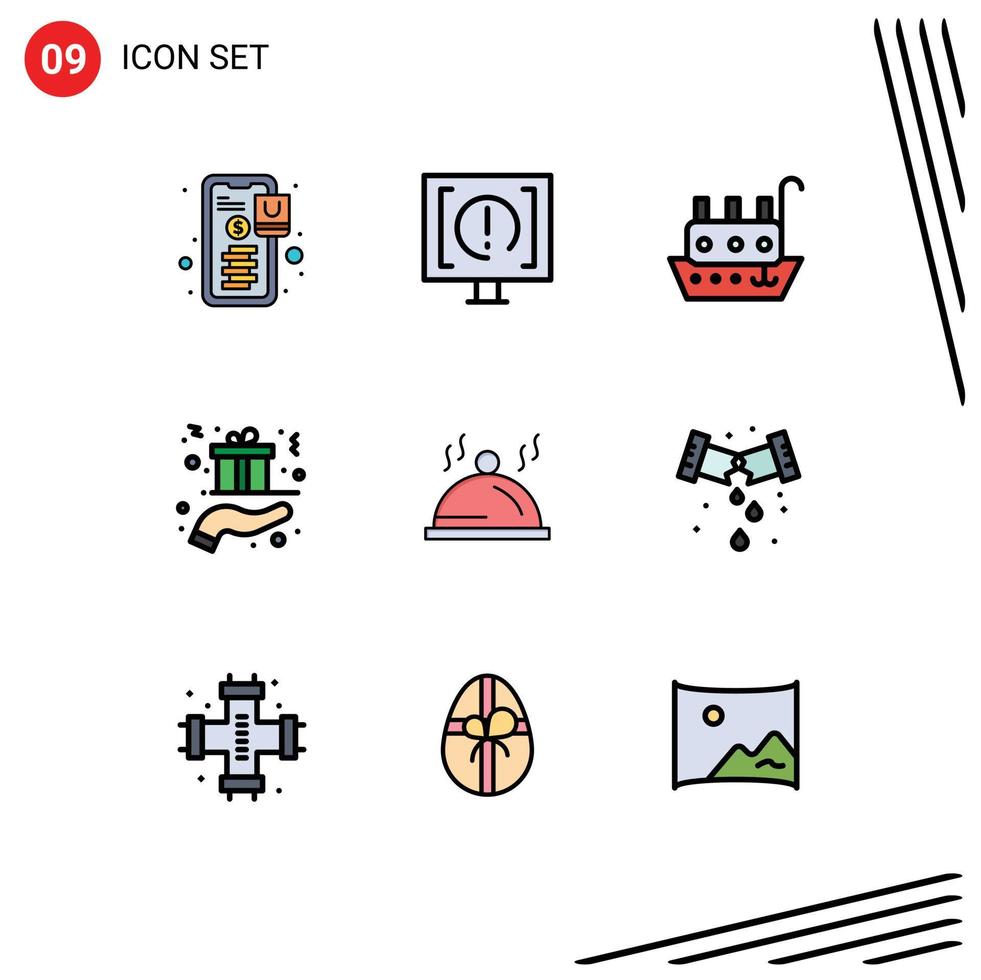 conjunto de pictogramas de 9 colores planos de línea de llenado simple de elementos de diseño de vector editables de recipiente de regalo de soporte de caja de regalo actual