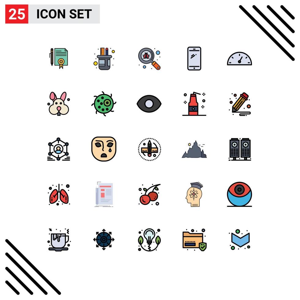 Set of 25 Vector Filled line Flat Colors on Grid for iphone mobile scale smart phone bug Editable Vector Design Elements