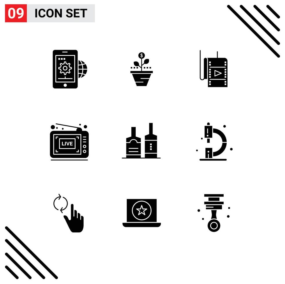 Group of 9 Solid Glyphs Signs and Symbols for broadcast studio finance movie raise Editable Vector Design Elements