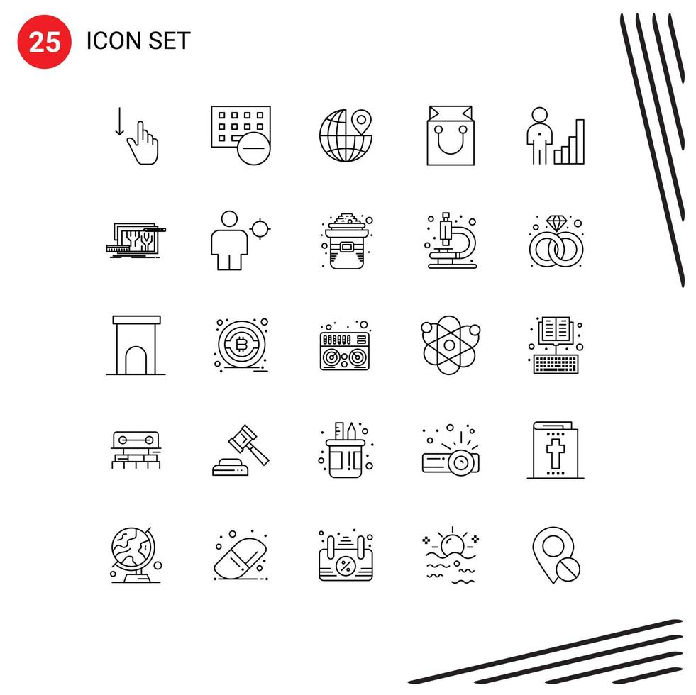 Pack of 25 Modern Lines Signs and Symbols for Web Print Media such as analytics retail hardware cart pin Editable Vector Design Elements