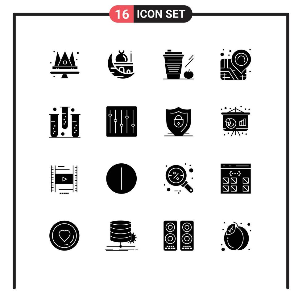 Modern Set of 16 Solid Glyphs Pictograph of blood map muslim location drink Editable Vector Design Elements