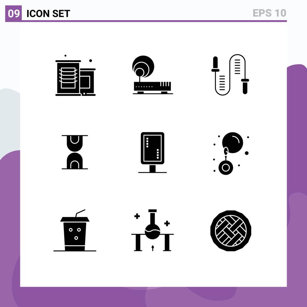 Universal Icon Symbols Group of 9 Modern Solid Glyphs of sign board board rope loading glass Editable Vector Design Elements