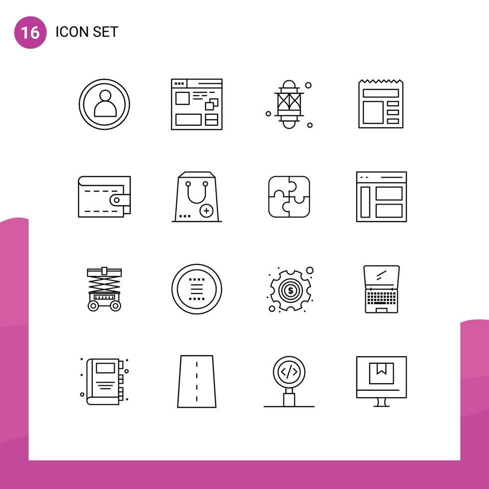 Mobile Interface Outline Set of 16 Pictograms of cash ui lantern basic festival Editable Vector Design Elements