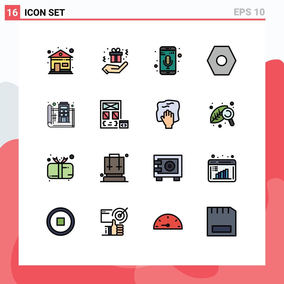 User Interface Pack of 16 Basic Flat Color Filled Lines of print floor music recorder design user interface Editable Creative Vector Design Elements