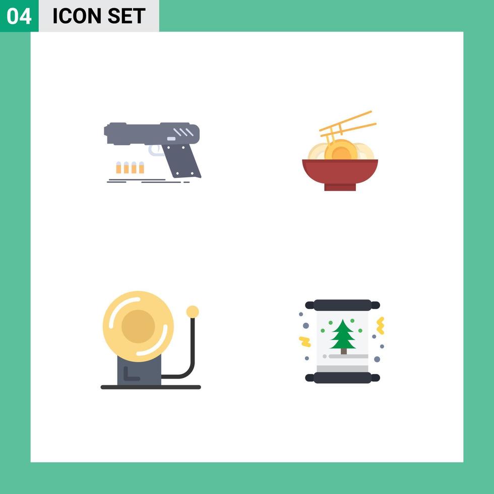 4 User Interface Flat Icon Pack of modern Signs and Symbols of gun bell shooter food equipment Editable Vector Design Elements