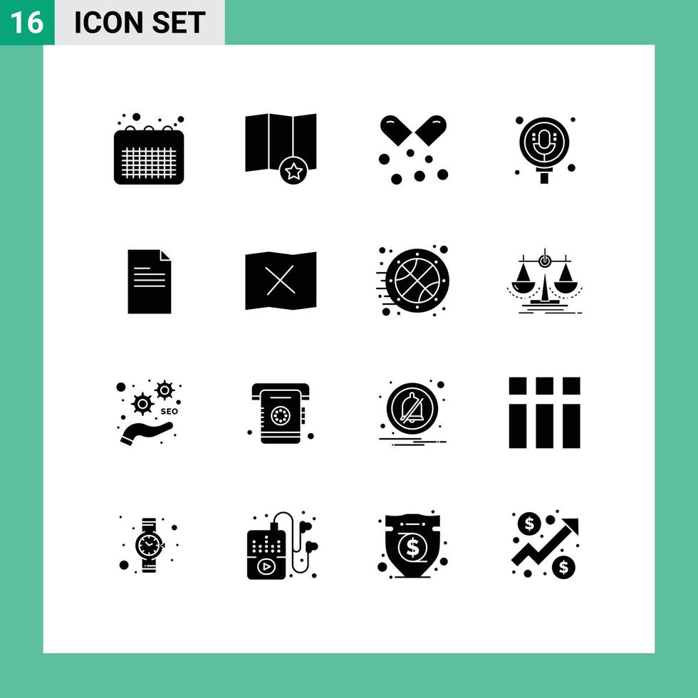 Group of 16 Solid Glyphs Signs and Symbols for file record oil microphone omega pills Editable Vector Design Elements