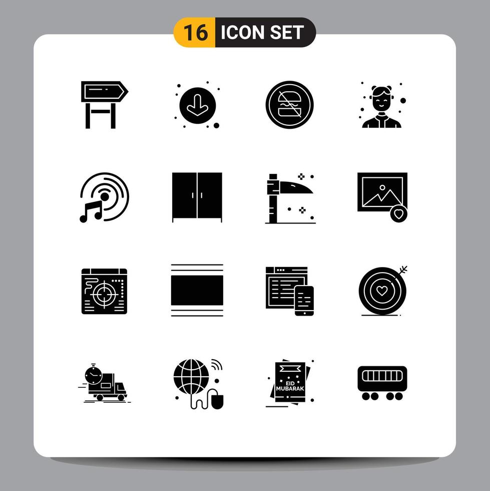 Pack of 16 Modern Solid Glyphs Signs and Symbols for Web Print Media such as cd disk waitresses banned female avatar Editable Vector Design Elements