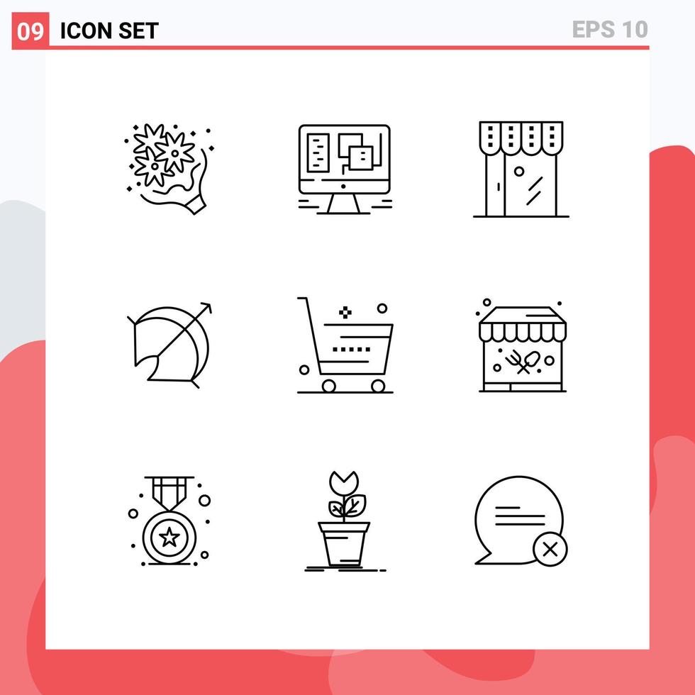 Mobile Interface Outline Set of 9 Pictograms of point arrow web archery shop Editable Vector Design Elements