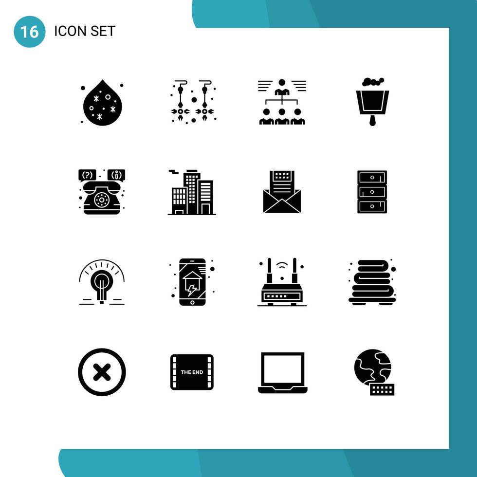 Modern Set of 16 Solid Glyphs Pictograph of support help team sweep broom Editable Vector Design Elements