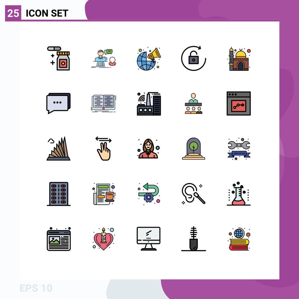 Mobile Interface Filled line Flat Color Set of 25 Pictograms of mosque muslim broadcast unlock arrow Editable Vector Design Elements