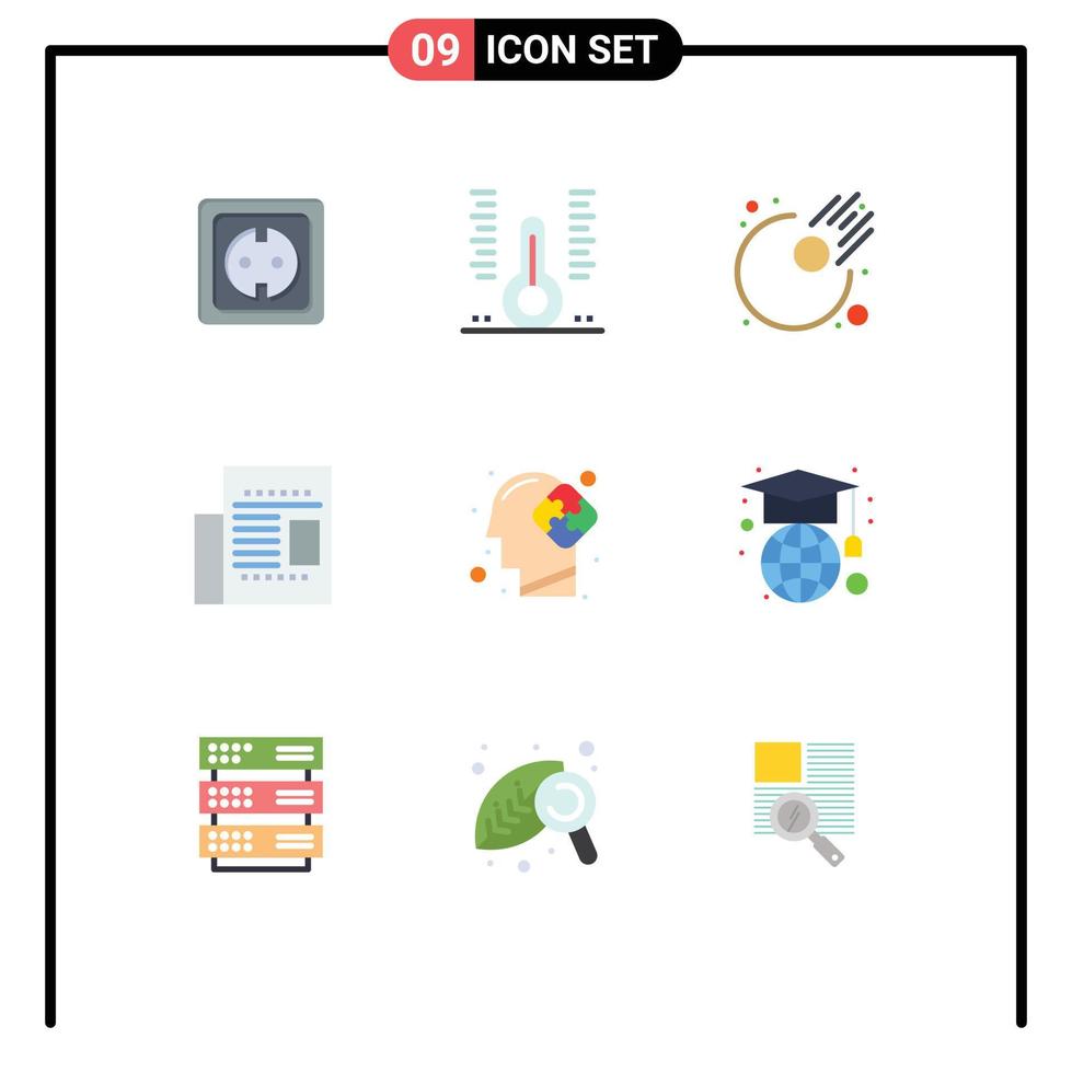 Mobile Interface Flat Color Set of 9 Pictograms of human office medical newspaper meteor Editable Vector Design Elements