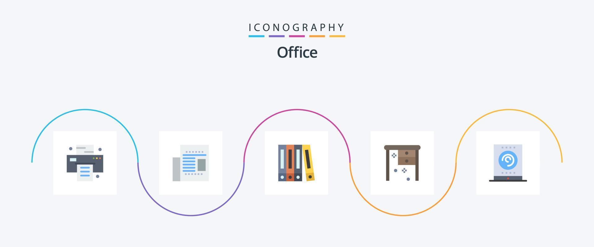 paquete de iconos de 5 planos de oficina que incluye. transmisión. carpeta. radio. escritorio de trabajo vector