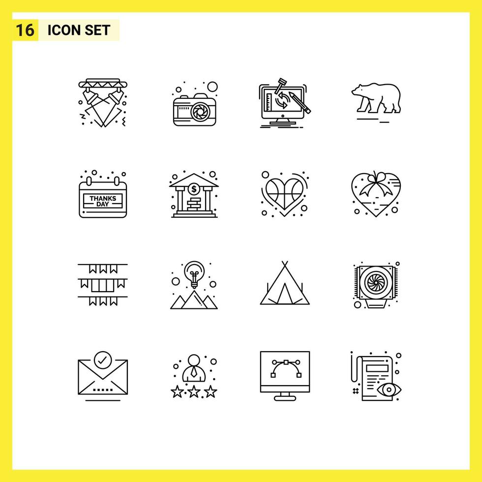 Pictogram Set of 16 Simple Outlines of calendar polar engineering bear processing Editable Vector Design Elements