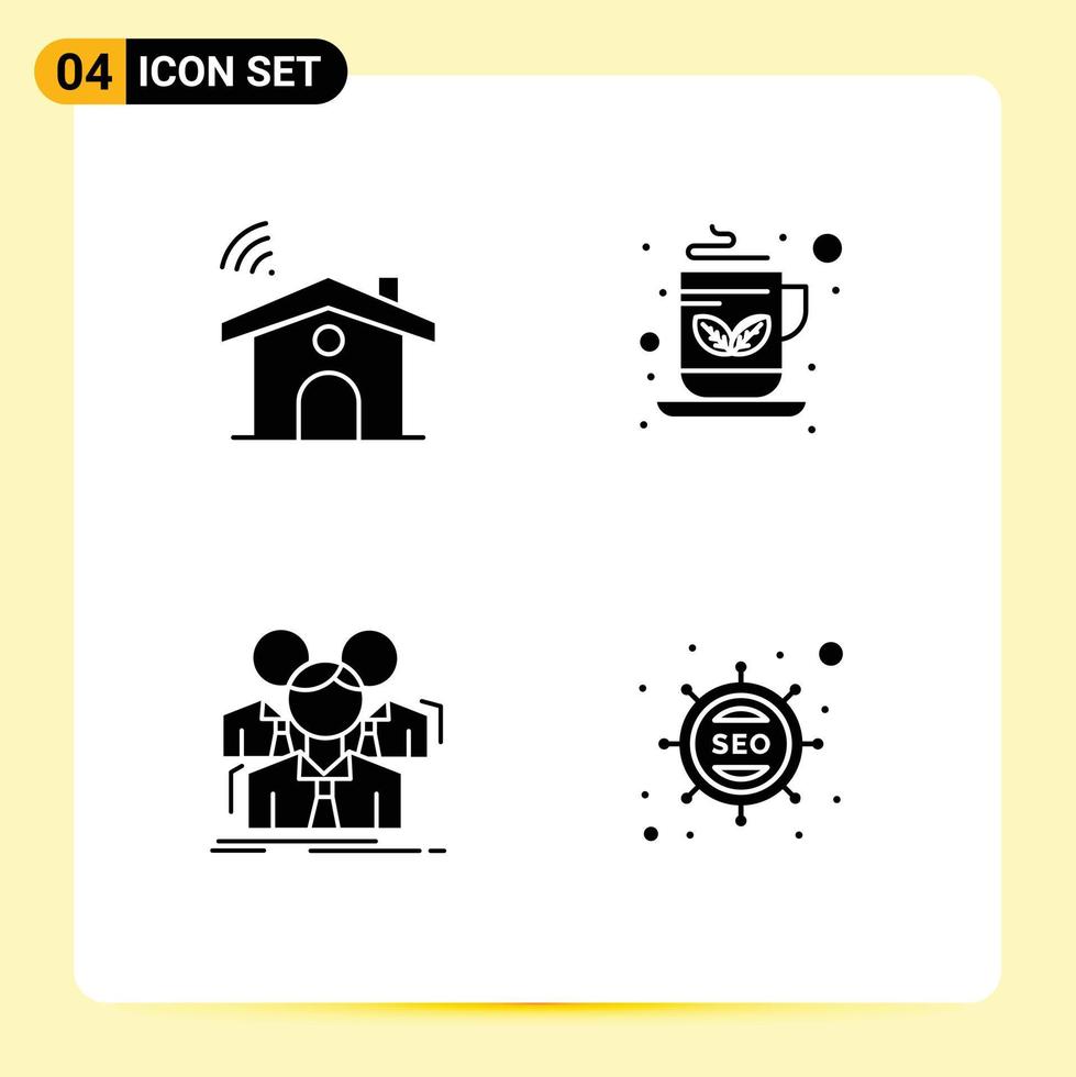 4 Universal Solid Glyph Signs Symbols of wifi teamwork house tea meeting Editable Vector Design Elements