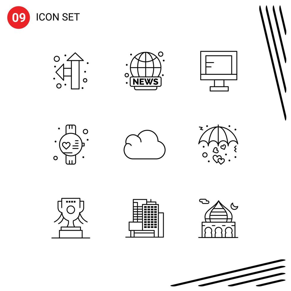 Editable Vector Line Pack of 9 Simple Outlines of heart data online cloud sport Editable Vector Design Elements