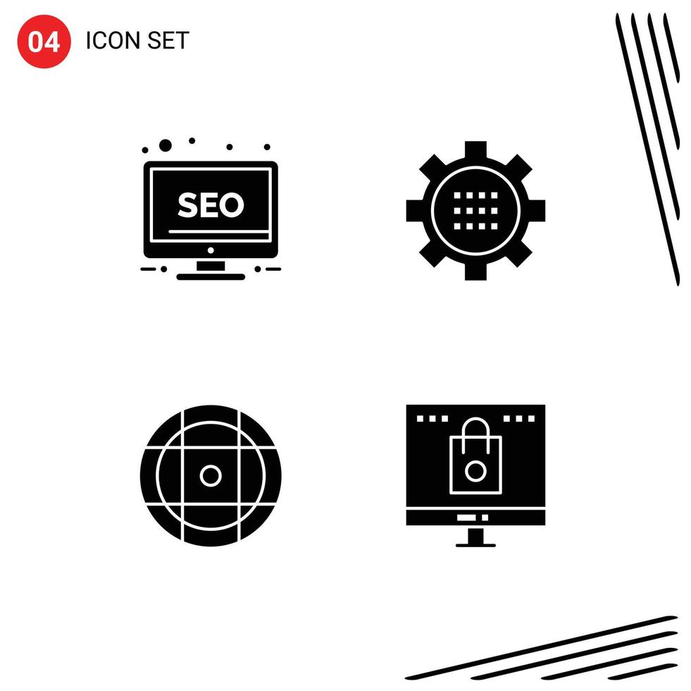 Universal Icon Symbols Group of 4 Modern Solid Glyphs of desktop ball monitor gear sport Editable Vector Design Elements