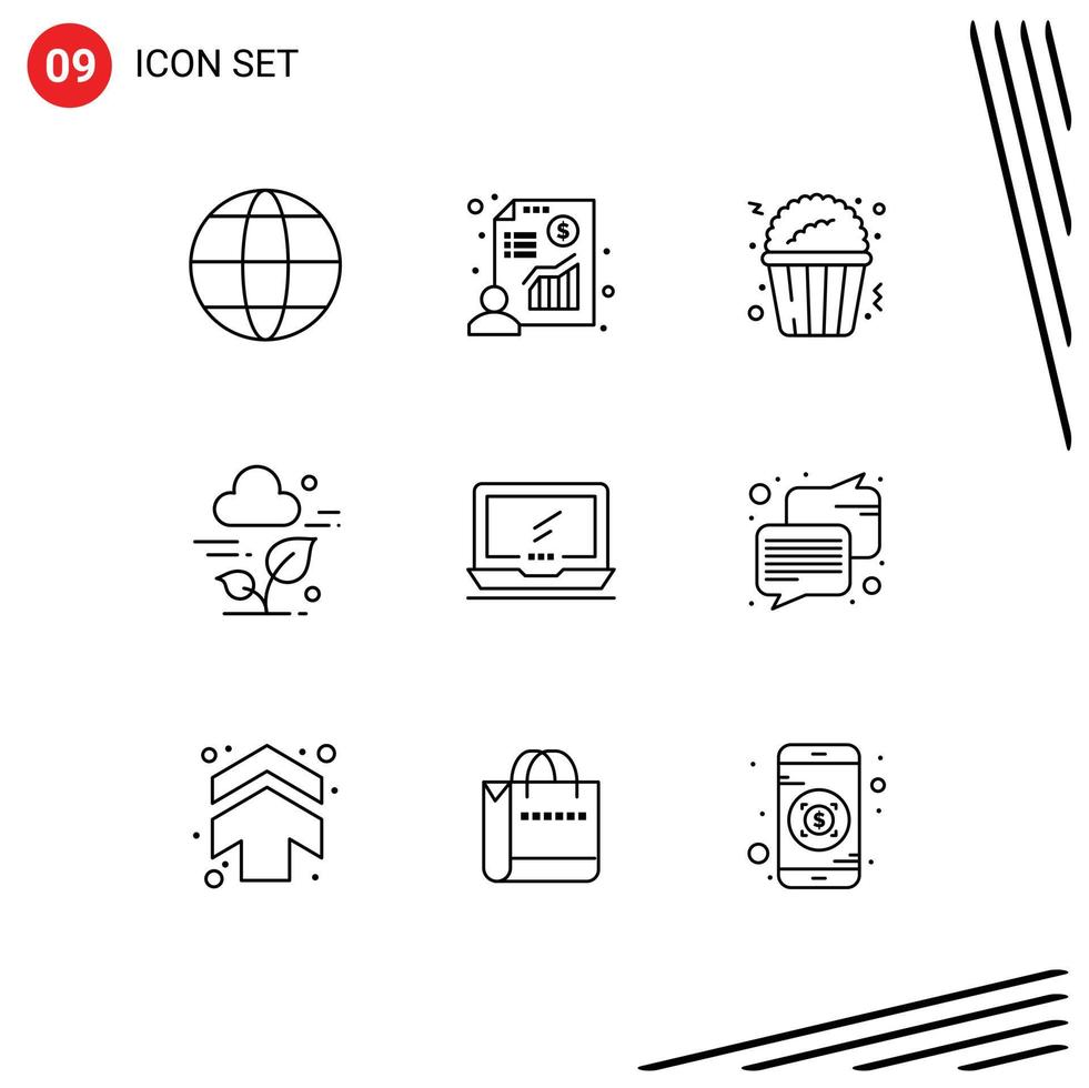 Editable Vector Line Pack of 9 Simple Outlines of imac monitor fast food computer leaf Editable Vector Design Elements