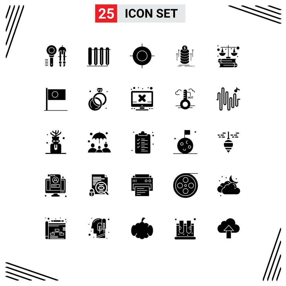 Mobile Interface Solid Glyph Set of 25 Pictograms of coins bundle radiator money target Editable Vector Design Elements