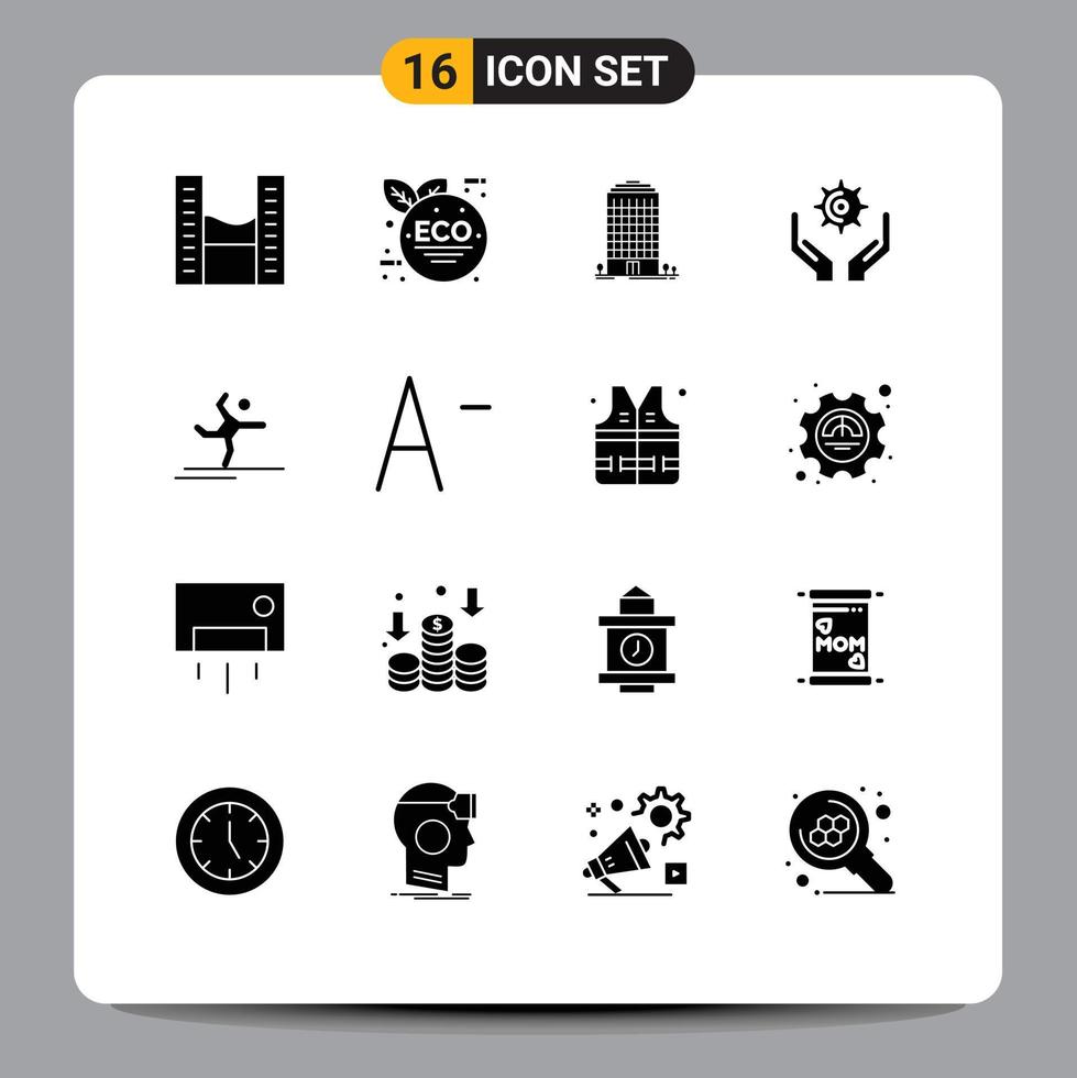Pack of 16 creative Solid Glyphs of performing athlete office hold cog Editable Vector Design Elements